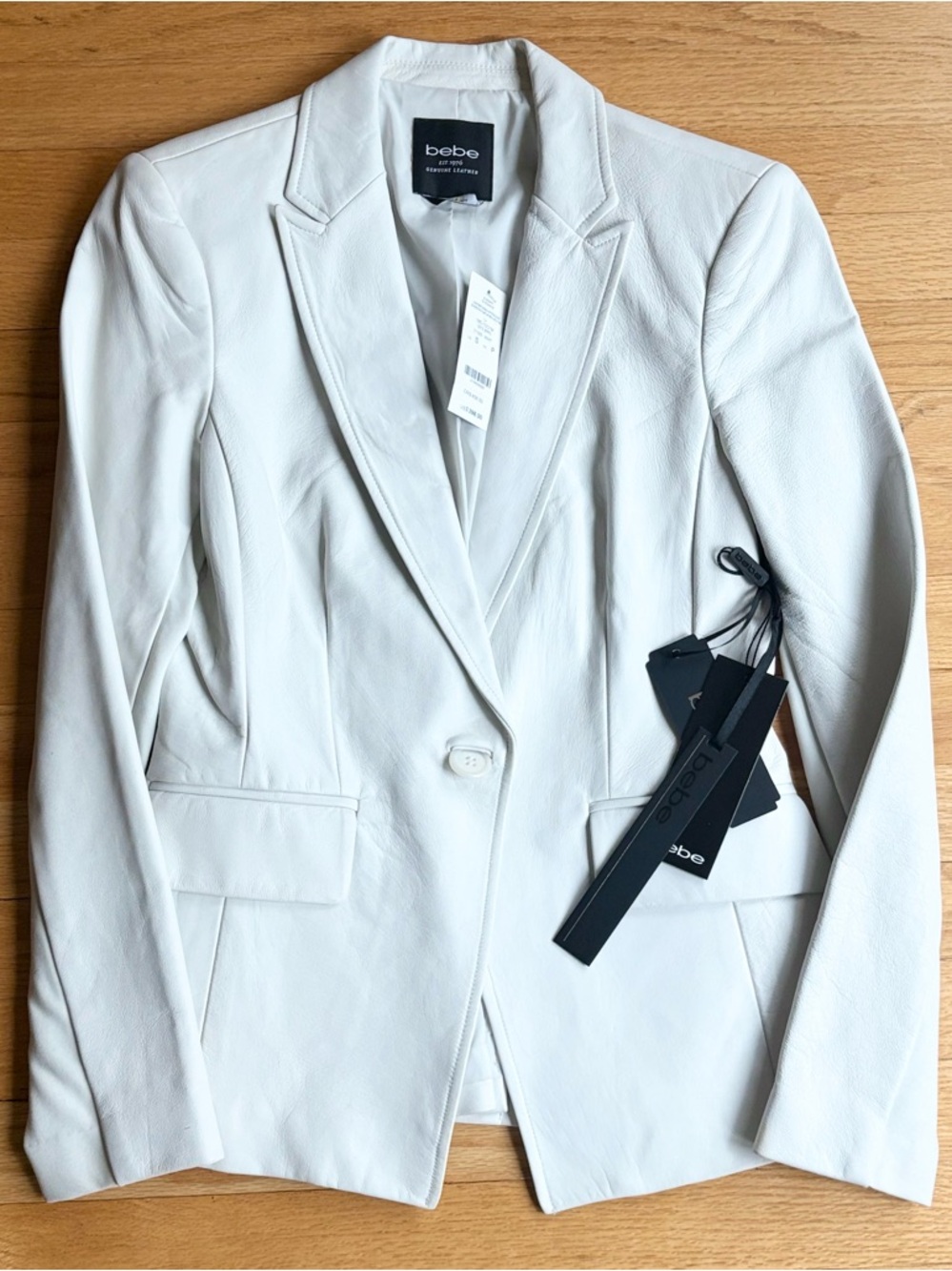 NWT Bebe Genuine Leather Blazer White Mixed Media Sleeve Jacket Size Small